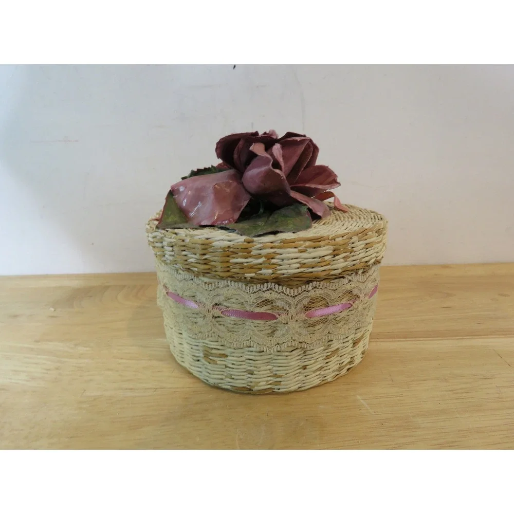 Vintage Floral Woven Nesting Baskets Set of 4 Decorative Lace Trim Storage Boxes